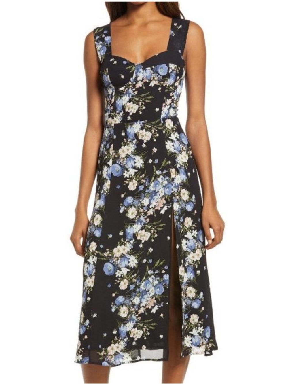 Reformation Fulton Midi Dress Coronet Black Blue Ditsy Floral 6